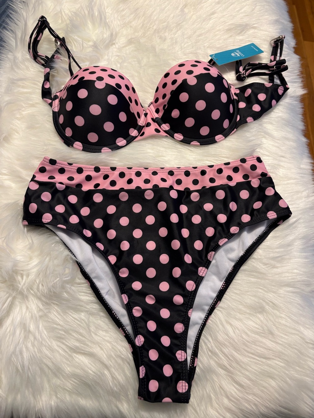 Cupshe NWT Pink Black Polka Dot Bikini Set Underwire Padded Cups Size M